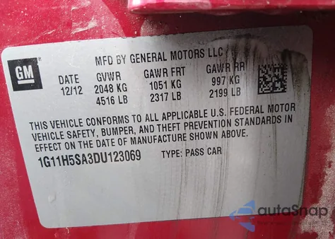 2013 Chevrolet Malibu 1Lz z USA, uszkodzony, nr VIN 1G11H5SA3DU123069